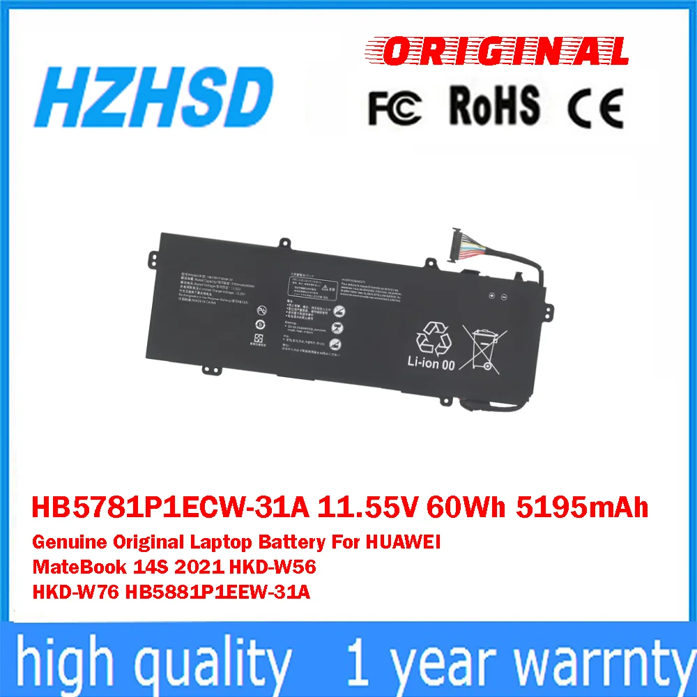 

HB5781P1ECW-31A 11,55 В 60 Втч 5195 мАч Оригинальный аккумулятор для ноутбука HUAWEI MateBook 14S 2021 HKD-W56 HKD-W76 HB5881P1EEW-31A