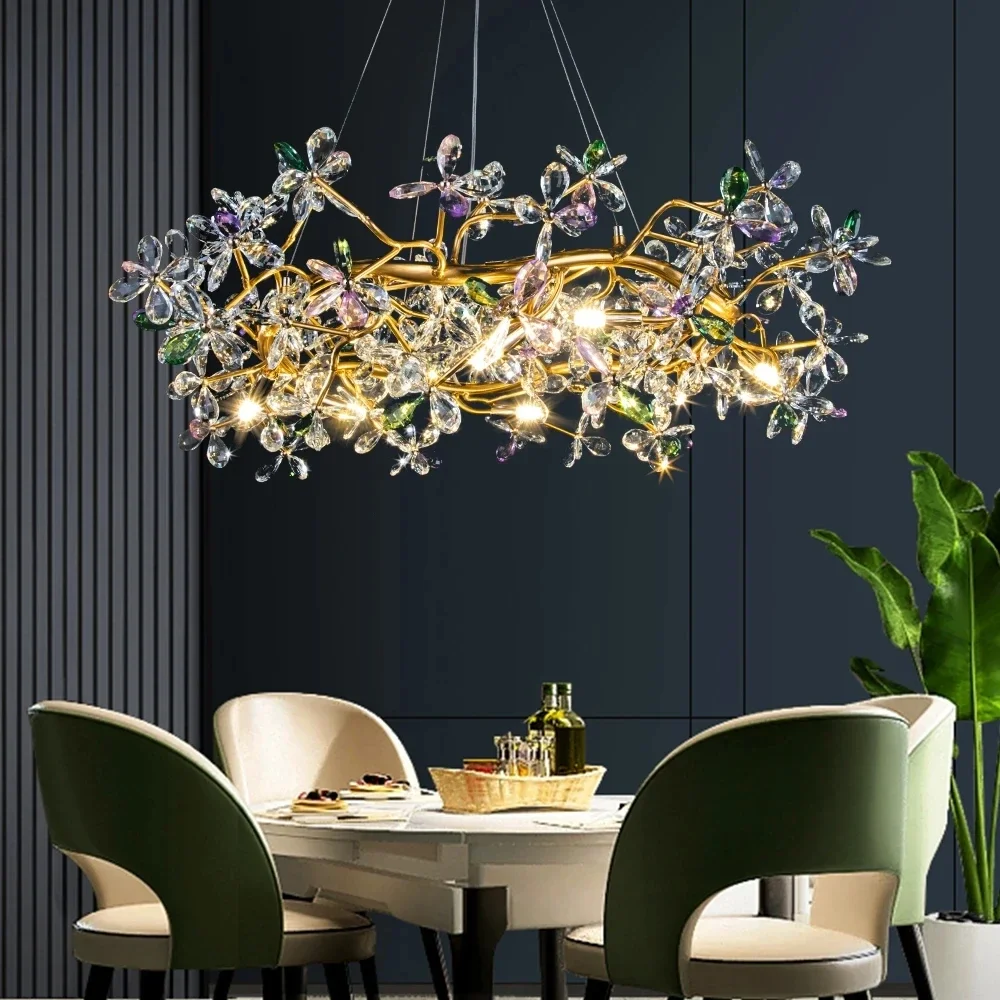 

Color Crystal Flowers Chandelier Gold Long Round Hanging Light Luxury Villa Living Dining Room Lamp Tree Branch Chandeliers LED