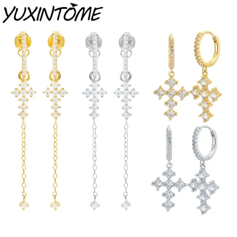 

925 Sterling Silver Needle Noble Elegant Vertical Cross Pendant Micropaved Zirconia Chain Stud Earrings Women's wedding jewelry