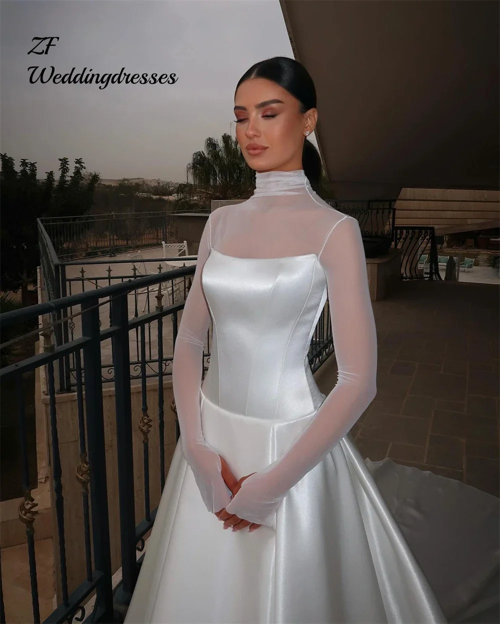Customized Elegant Satin Wedding Dresses A-Line High Neck Long Sleeves Pleated Bride Prom Gown Modest Bridal Gowns