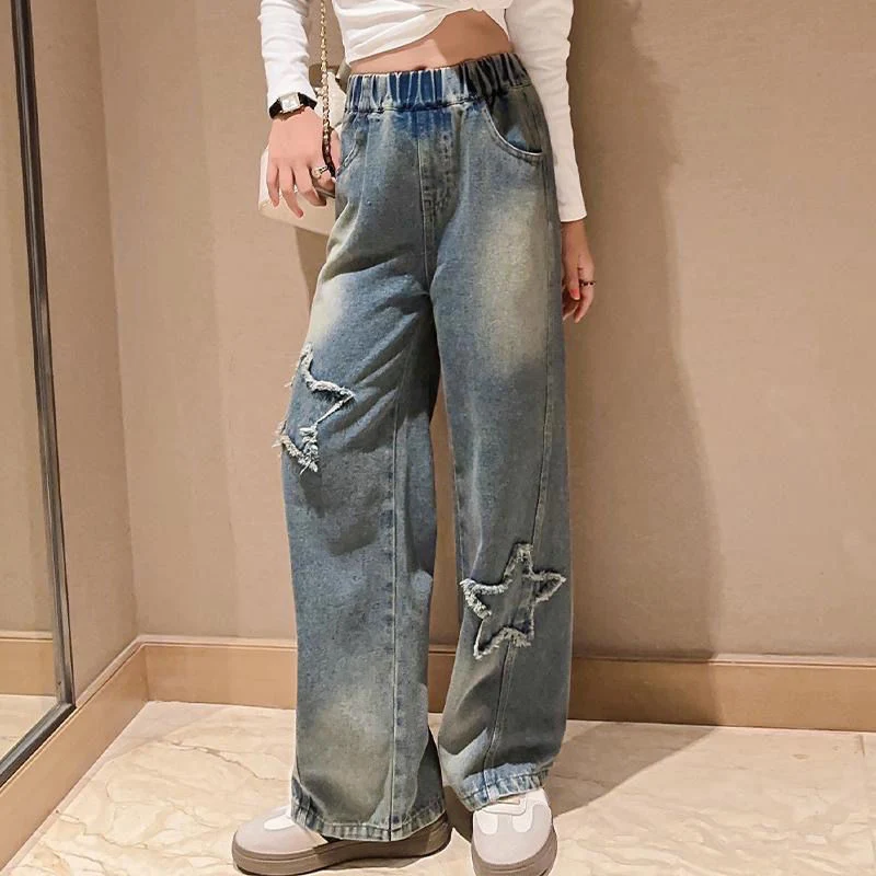 IENENS taille haute jean fille droite ample pantalon à jambes larges printemps et automne coréen Baggy jean mode enfants Denim pantalon