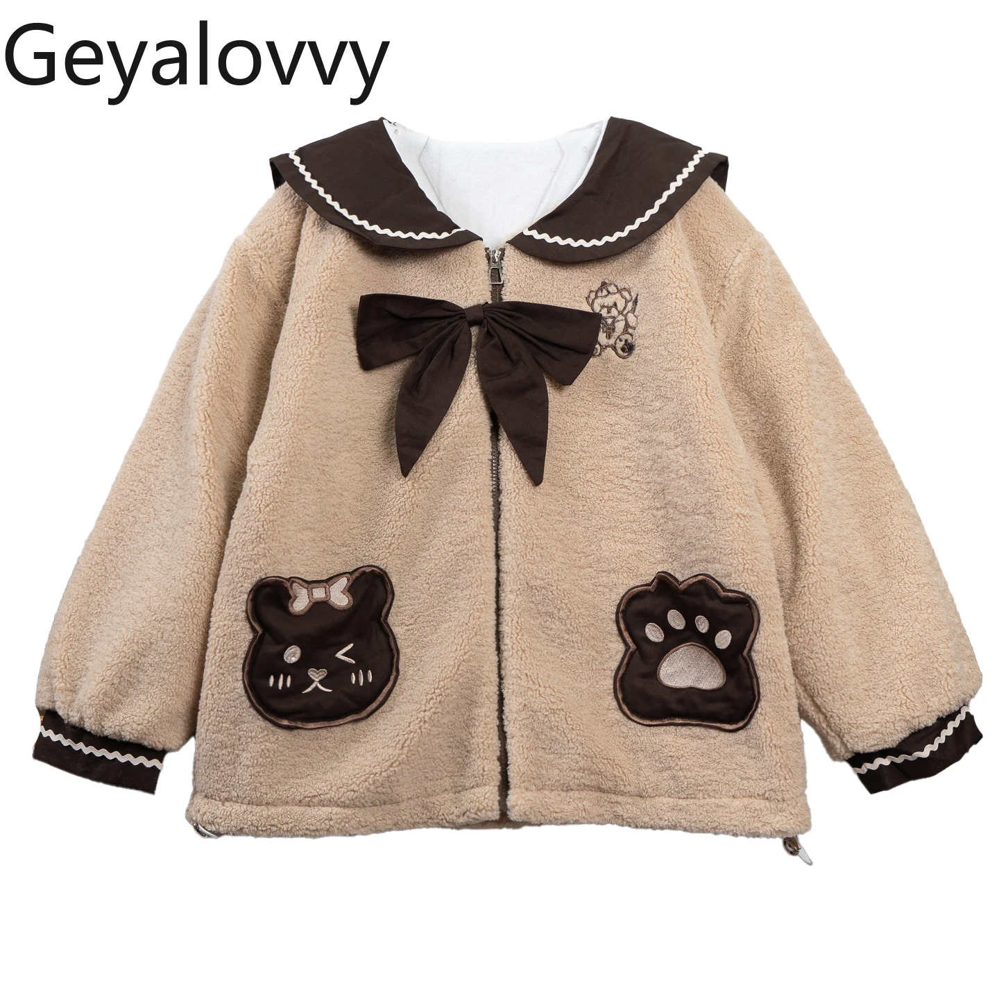 

Милое милое пальто для девочек, винтажное свободное флисовое пальто в стиле Лолиты с темно-синим воротником, зима 20225, новые модные повседневные пальто для женщин