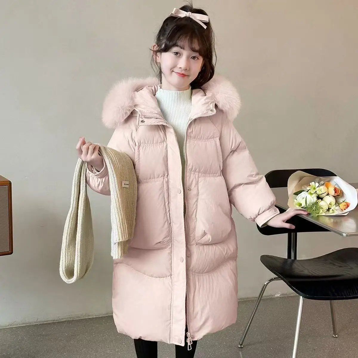 Girls' Medium-Length Down Cotton Coat Winter New Style Children's Thickened Fleece-Collar Over-the-Knee Quilted Jacket 5-15Y