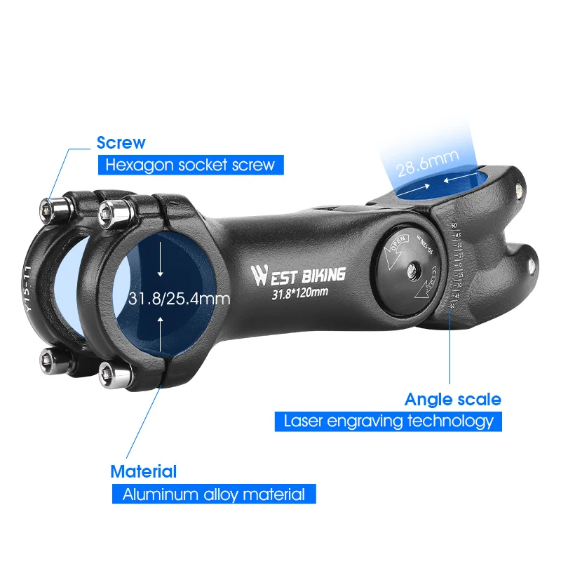 WEST BIKING Ultralight Bike Stem 30/60 Degree Aluminum Alloy Mtb Stem for 25.4-31.8mm Handlebars Road Mountain Bike Accessories