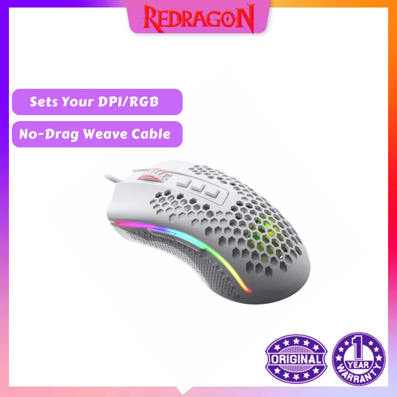 Redragon M808 Storm Lightweight RGB Gaming Mouse, 85g Ultralight Honeycomb Shell, 12,400 DPI Laser Sensor,7 Programmable Buttons