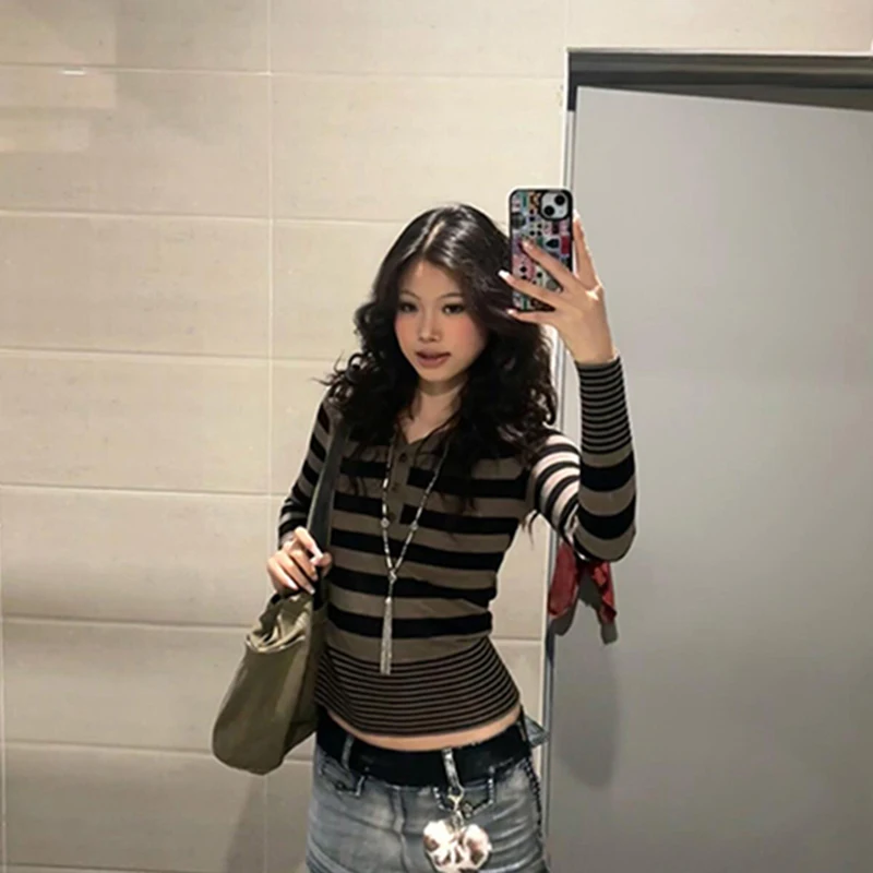 

Y2K Striped Sweater Women Harajuku Cropped Hooded Knitted Pullovers Vintage Grunge Knitwears Winter Korean Long Sleeve Jumpers