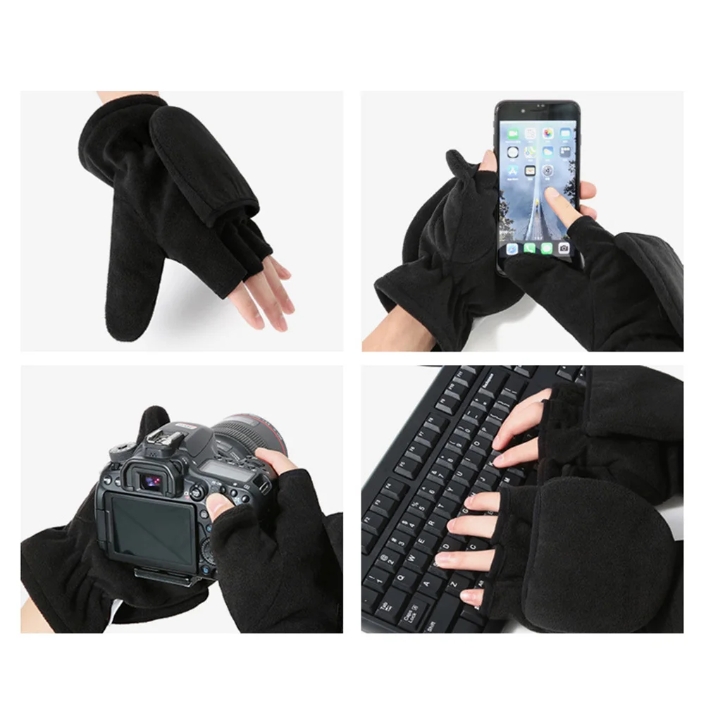 Black Warm Gloves Half-Finger Cover Mitts Polar Fleece Winter Outdoor Indoor Warm Comfortable Flexible Touchscreen