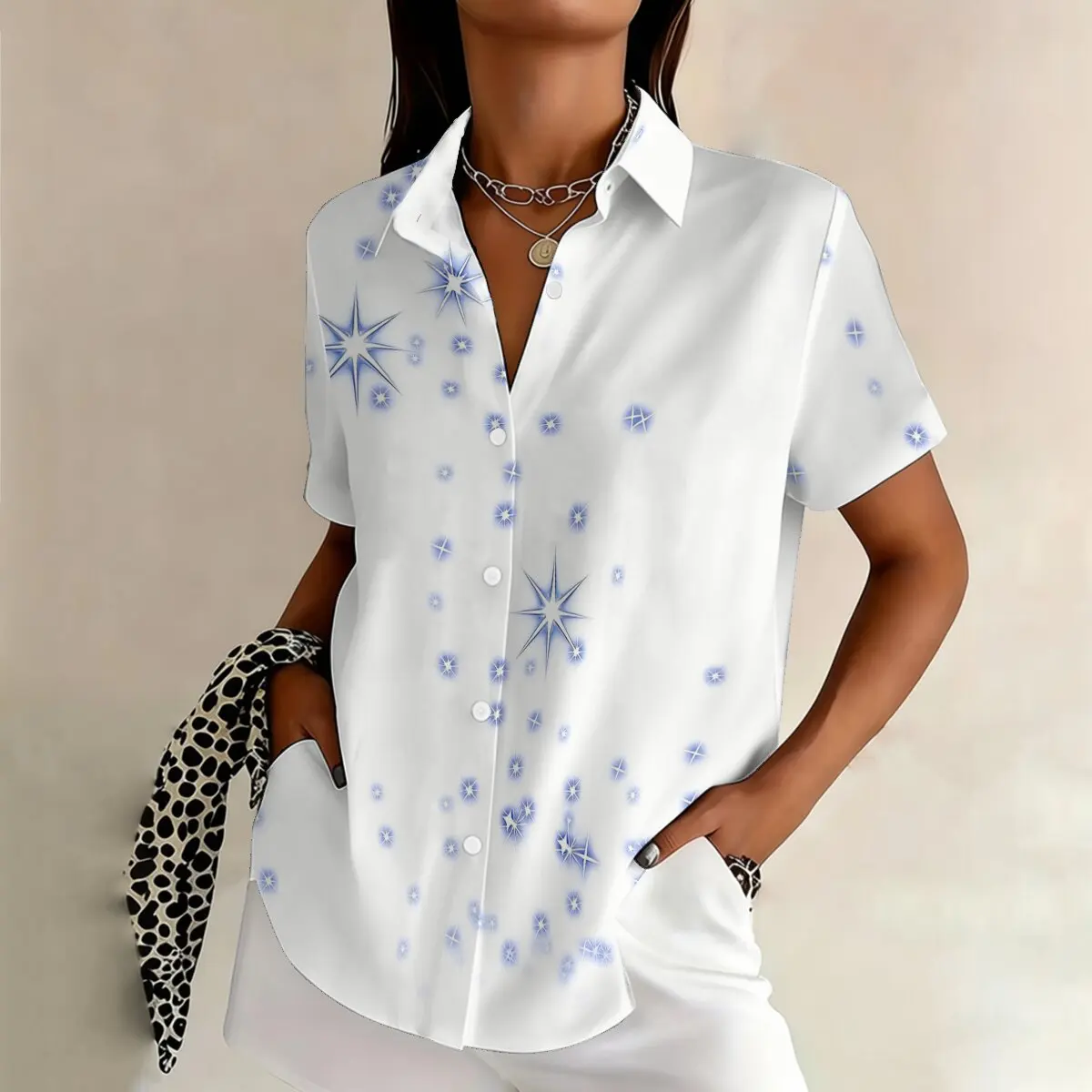 

Summer women's plus-size short-sleeve shirt,stylish and age-reducing with soft colors,suitable for business and social occasions