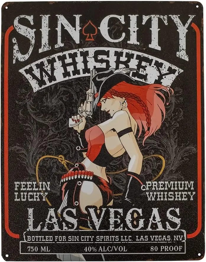 Treasure Gurus 12x15 Sin City Whiskey Pinup Girl Large Metal Wall Sign Retro Western Bar Man Cave Garage Decor