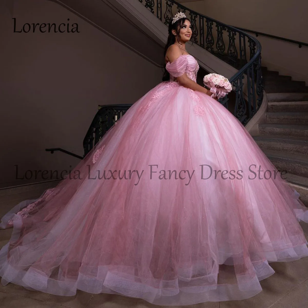 Vestido de quinceañera rosa sin mangas para fiesta de cumpleaños, apliques de hombros descubiertos, corsé con cuentas, dulce 16 Formal, 2024