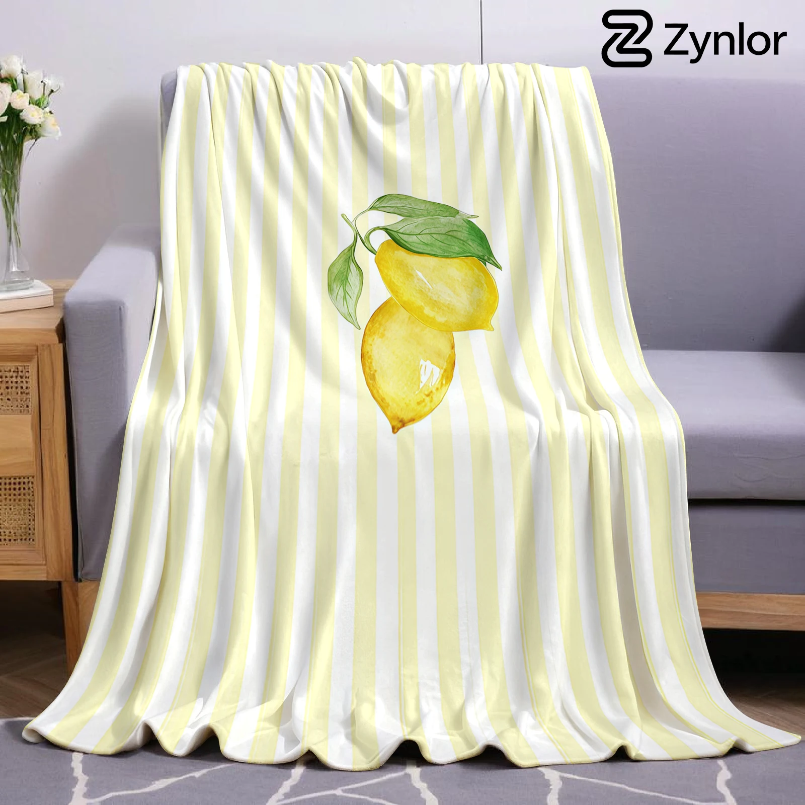 Yellow Stripe Lemon Art Lightweight Microfiber Soft Christmas Fleece Blanket Warm Cozy Throw for Sofa Office Travel All Season