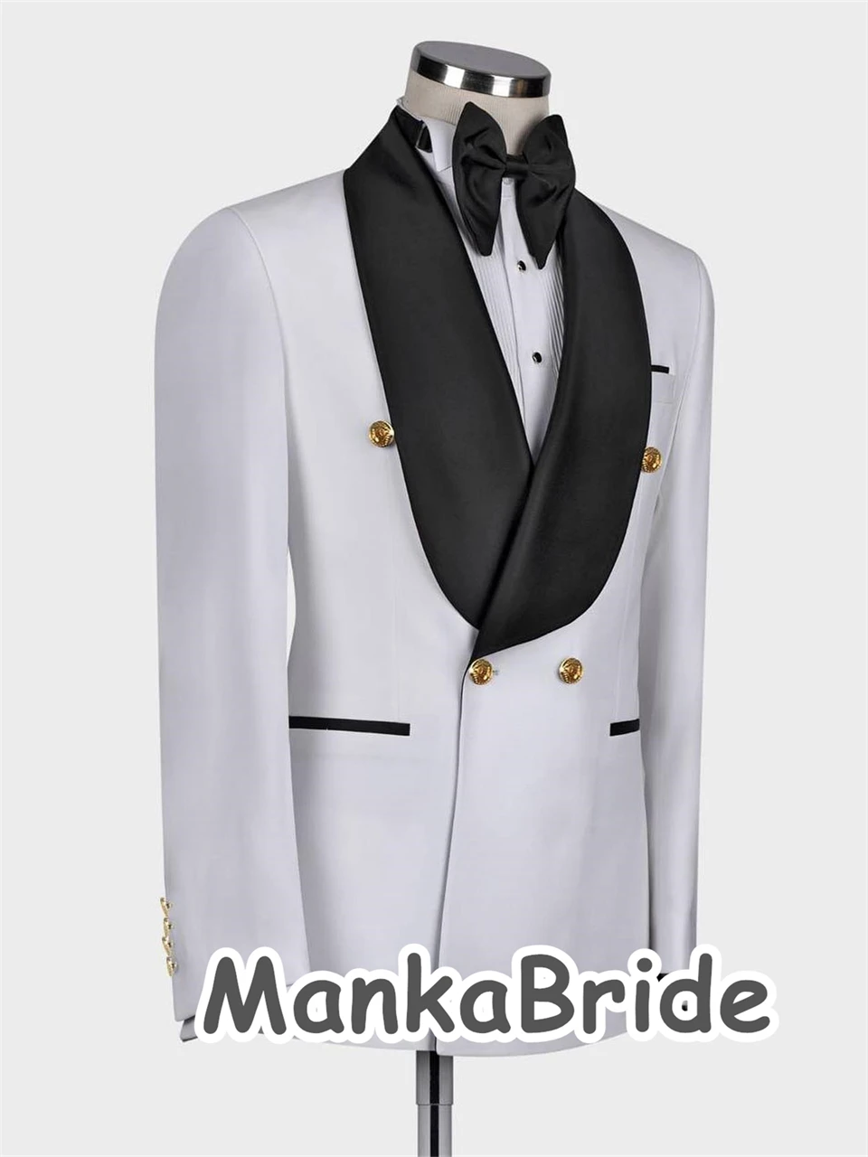 Male Fashion Suits  Double Breasted Jacket Pants 2 Pieces Formal Business Prom Party Suit White Groom Tuxedo for Wedding