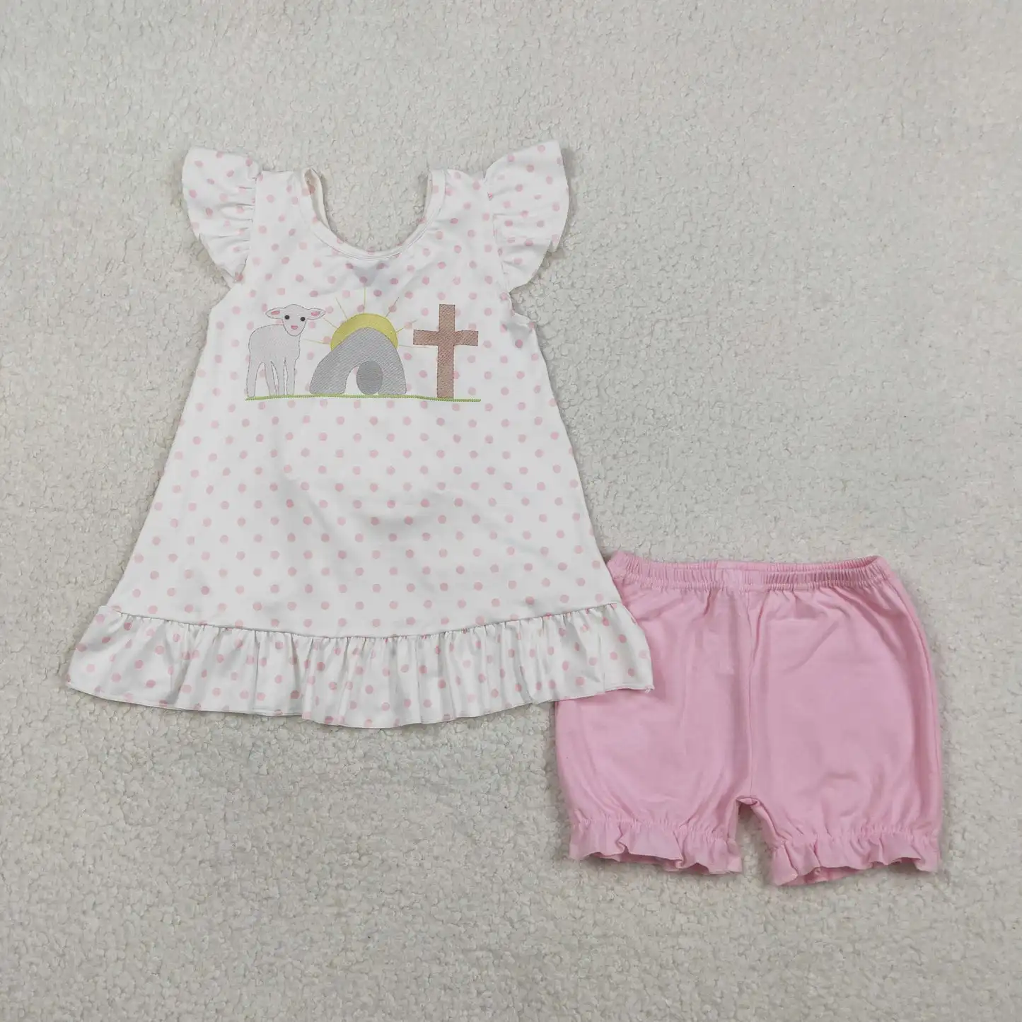 Wholesale Kids Girls Easter Clothing Children Infant Short Sleeves Dots Bows Tunic Shorts Outfit Baby Girl Set Toddler Clothes