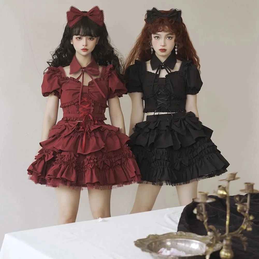 New Split Style Lolita Spicy Girls Short Sleeve Top Sk Half Skirt Set Red Black Dresses Kawaii Party Dress