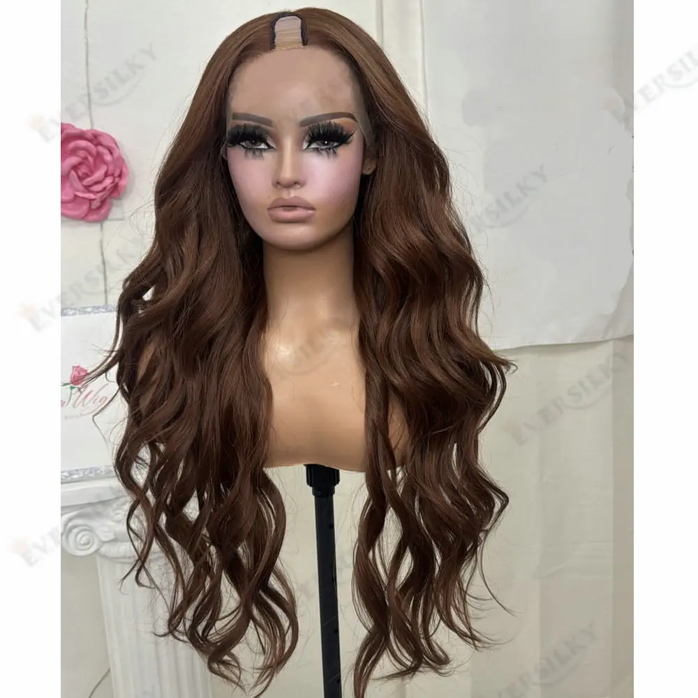 

Chestnut Brown Water Wavy Remy Brazilian Human Hair 1x4 V Shaped Wig for Black Women Glueless U Part Wig with Clips Easy Wear