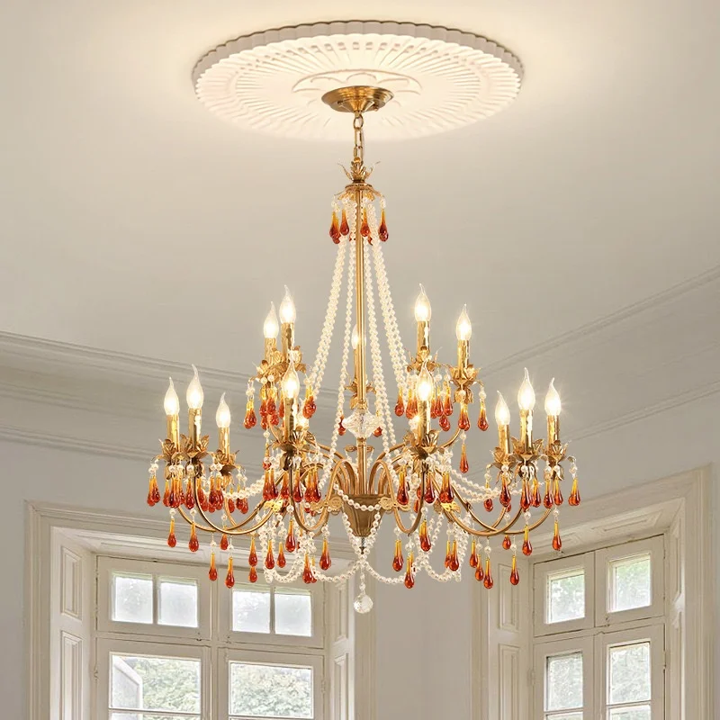 Living Room French Candle Chandelier Luxury Copper E14 Led Pendant Light Lustre Red Crystal Hanging Lamp Led Luminarias Lighting