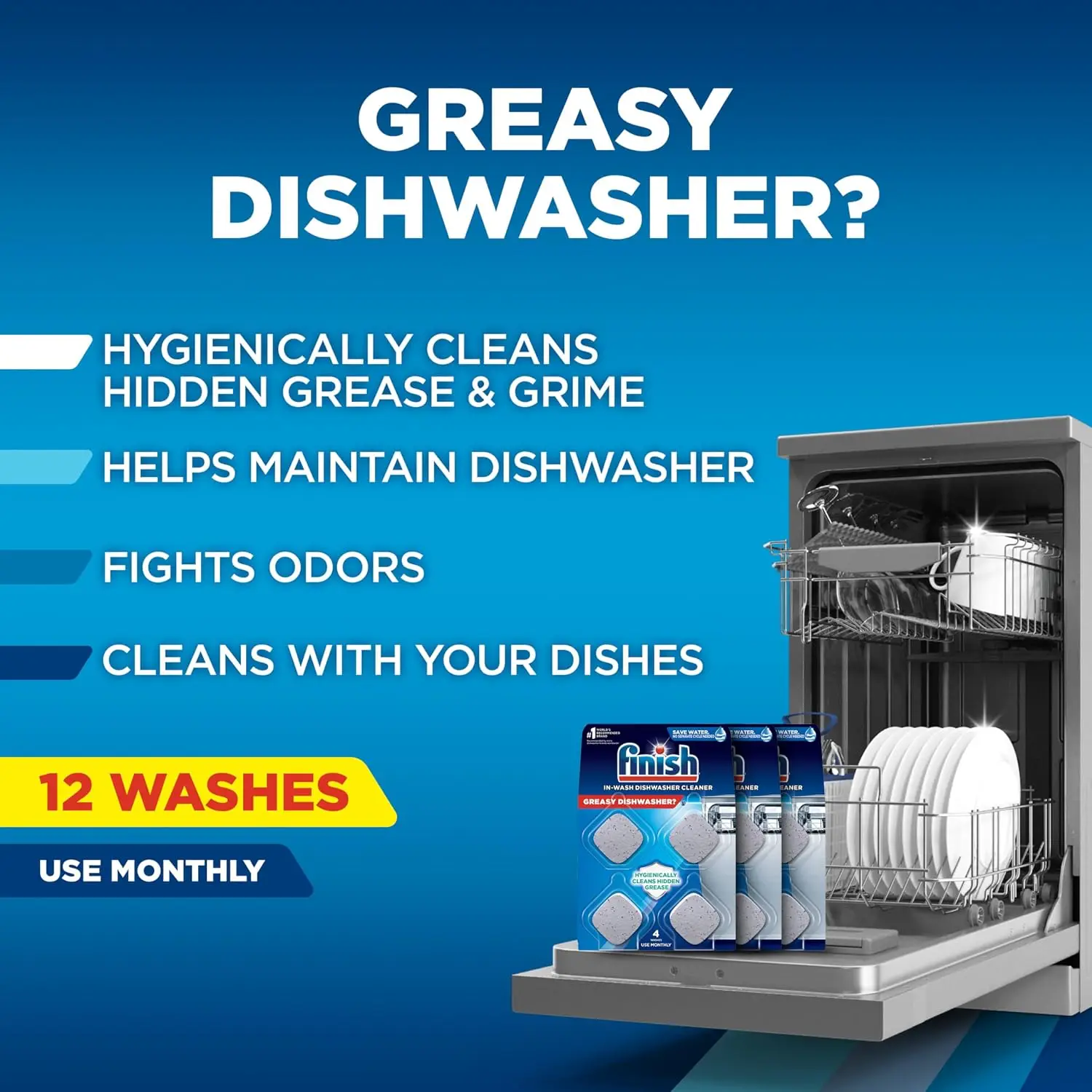 Dishwasher Cleaner Tablets, Deep Cleans Hidden Grease & Grime, Fights Odors, No Extra Wash Cycle, 12 Count