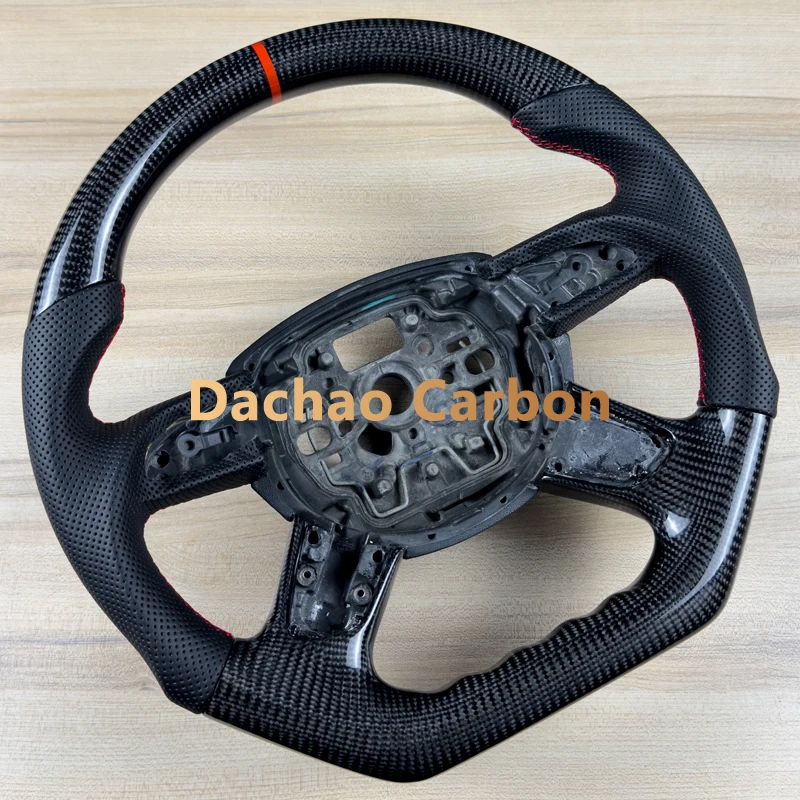 Glossy Real Carbon Steering Wheel For Audi A6 C7 2015 High Quality Perforated Leather Red Marker Sport Wheel Custom Style