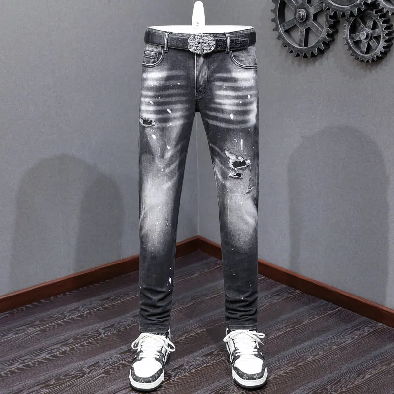 

Designer High Street Fashion New Men's Jeans Washed Nostalgic Stretch Slim Fit Piercing Painted Black Jeans Hip Hop Brand Pants