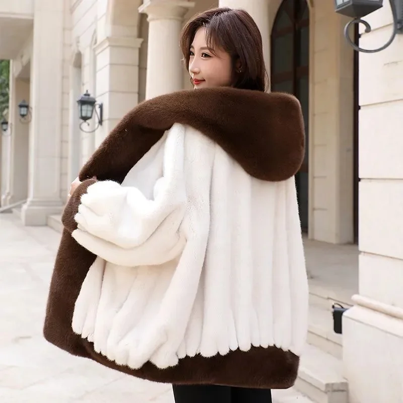 Pop 2024 Winter New Mink Fur Coat Imitation Gold Mink Fur Integrated Women Mid Length Mesh Red Fur Thickened Versatile Oversize