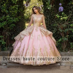 Luxury Pink Lace Appliques Quinceanera Dress 2024 Gold Sequins Pearl Long Sleeve Ruffles Sweet 16 Dress Vestidos De Quinceañera