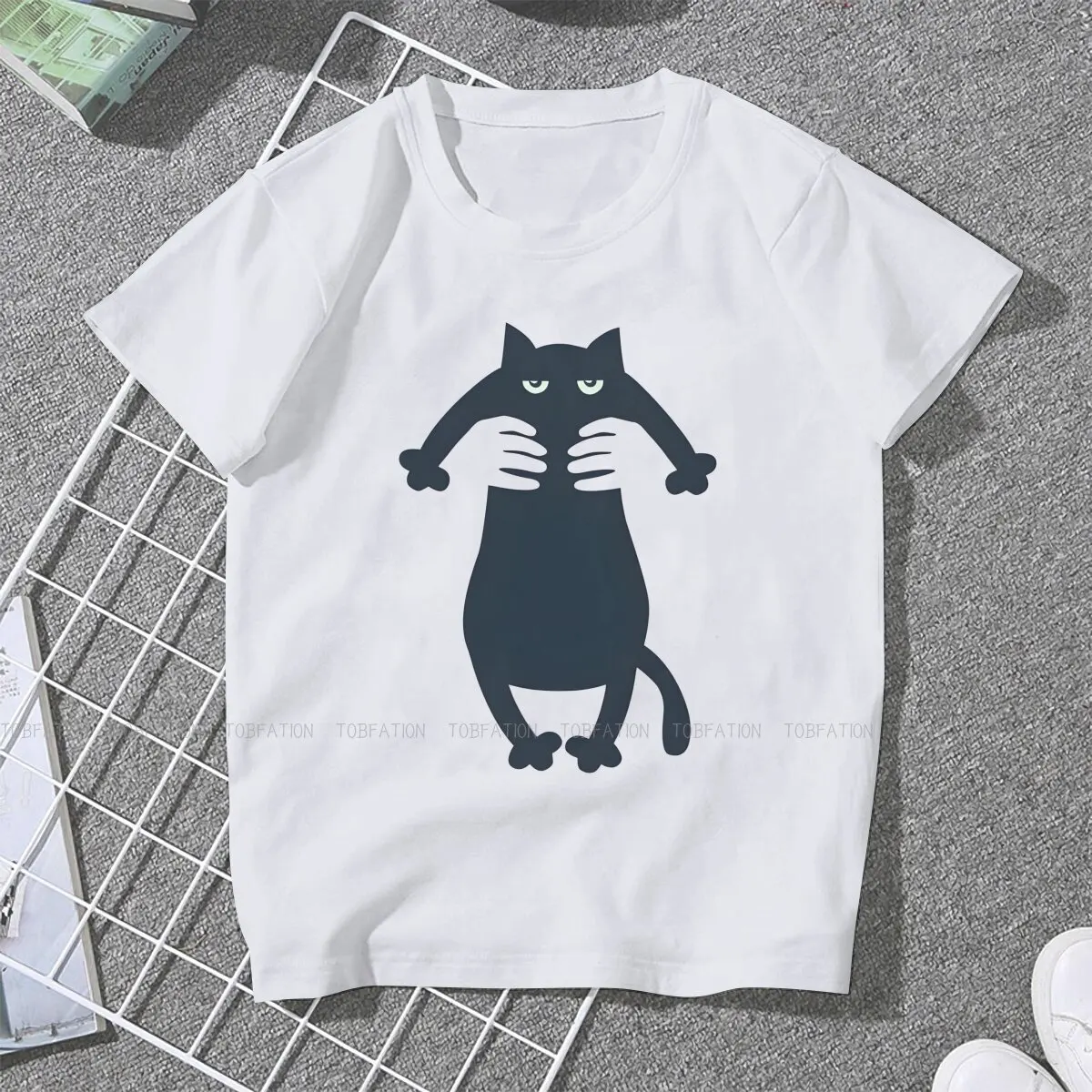 Magic Hands Holding A Chubby  Cat Harajuku TShirt Black Cat Printing Tops T Shirt Women Tee Special Gift Clothes