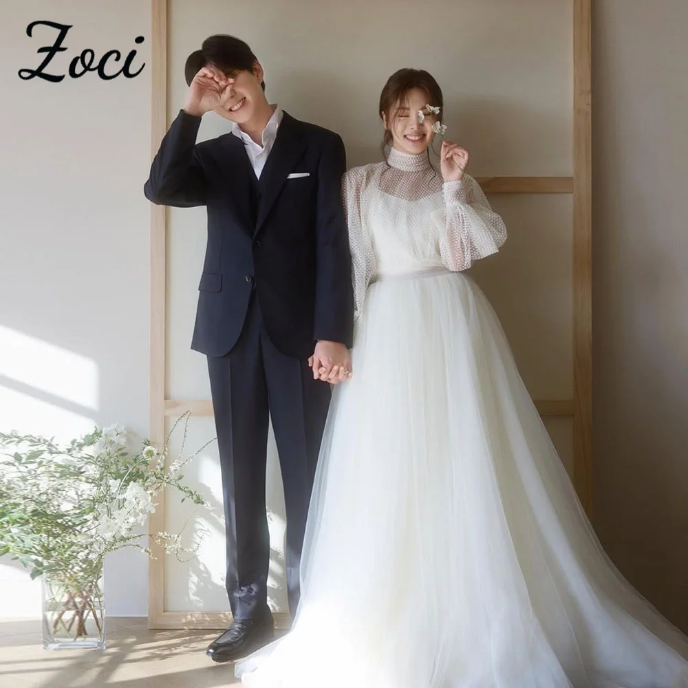 Zoci-vestidos de novia coreanos Vintage de cuello alto, vestido de sesión de fotos con manga larga abombada, vestido de novia elegante de tul con puntos personalizado