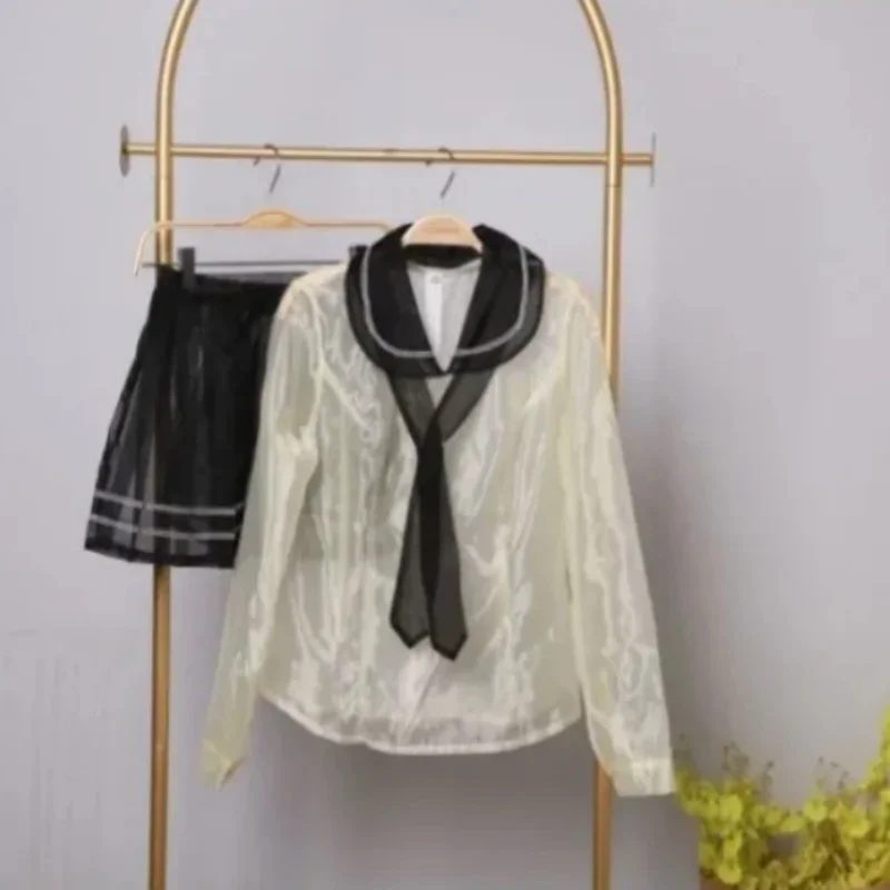 

Japan School Uniform Girl Jk Suit Sexy See Through Organza Glossy Shirt Tie Skirts Lolita Cos Transparent Private Party Clothing