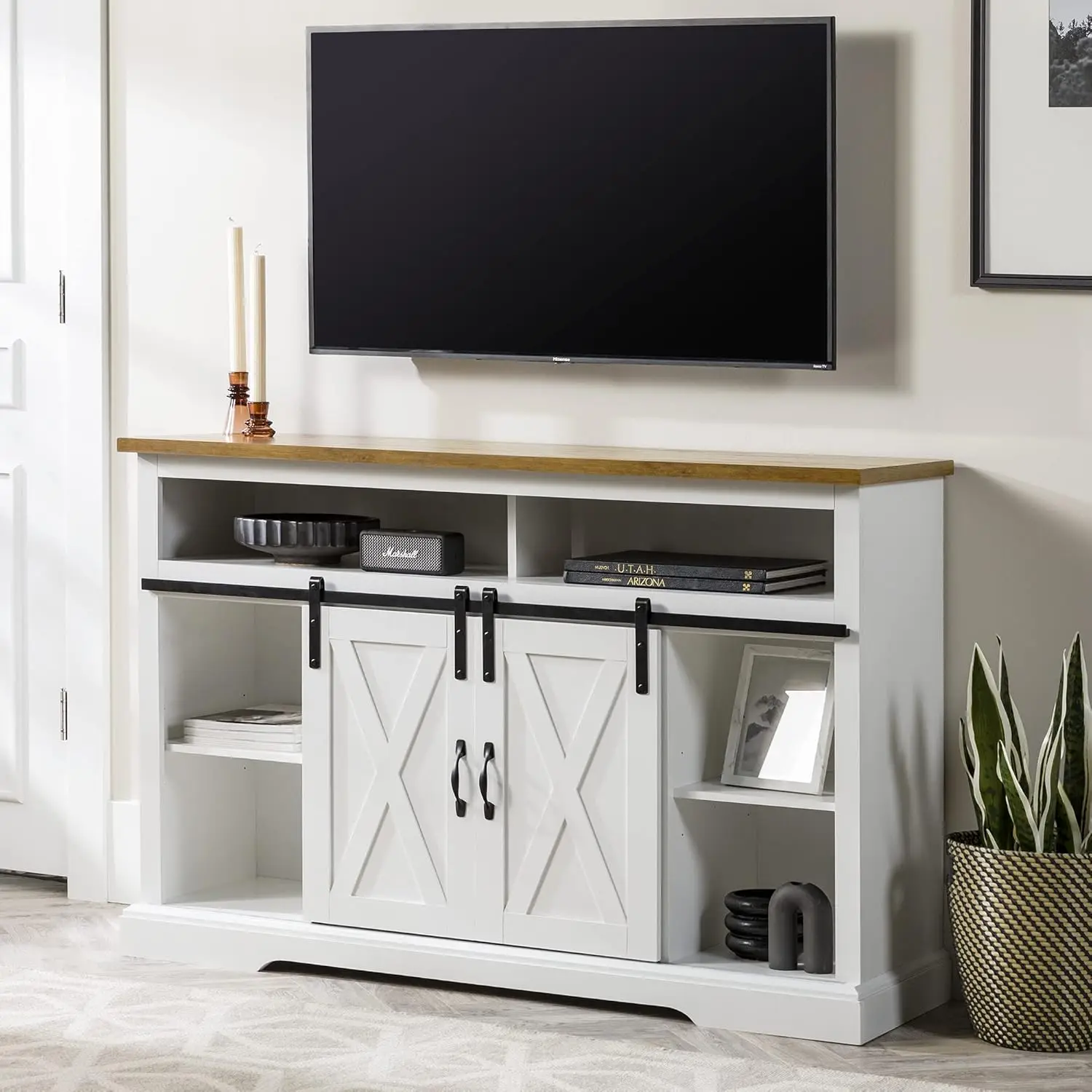 Clayton Farmhouse Sliding Double Barn Door TV Stand for TVs up to 58 Inches, 52 Inch, Solid White