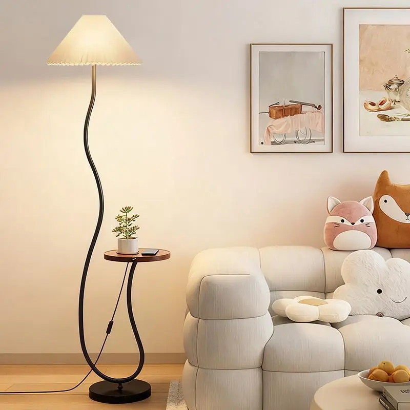 

French Cream Style Metal Floor Lamp with Integrated Shelf Multi Function Standing Light for Living Room Sofa Side Bedroom LED