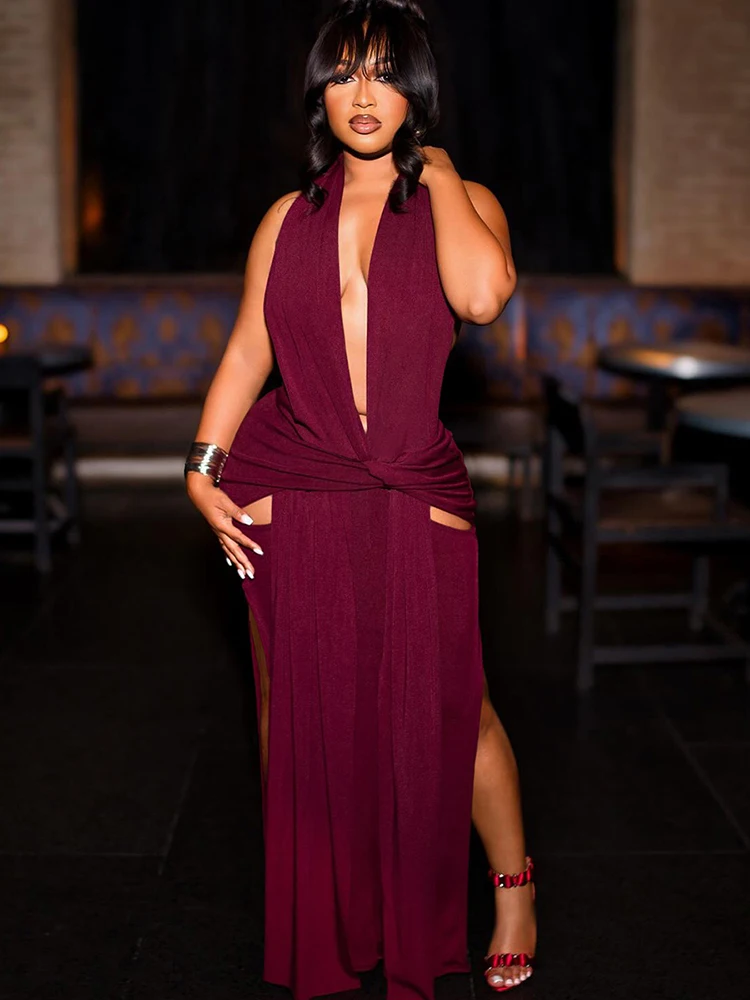 Nibber Dos Nu Robes Longues Femme Sexy Mode Halter Profond V-Cou Froncé Kink Haute Divisages Conception Minuit Club Parti Vestidos