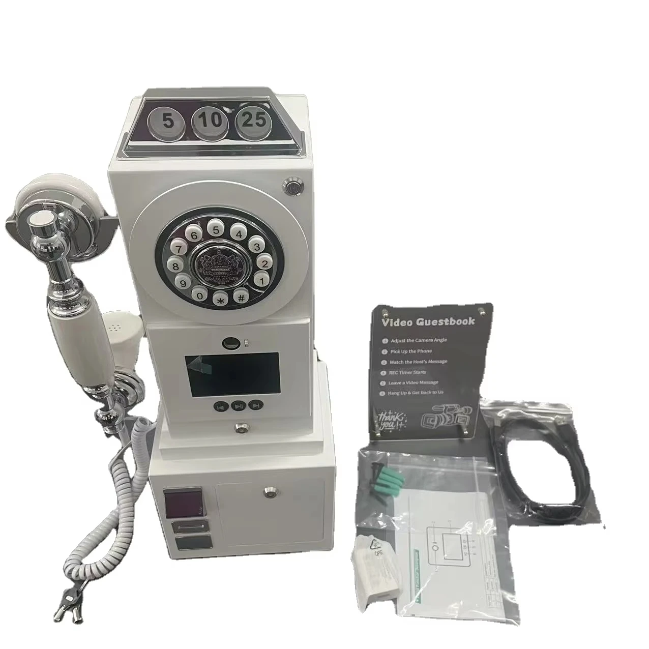 Video and audio guestbook, wedding phone number, antique coin design, recording wedding message