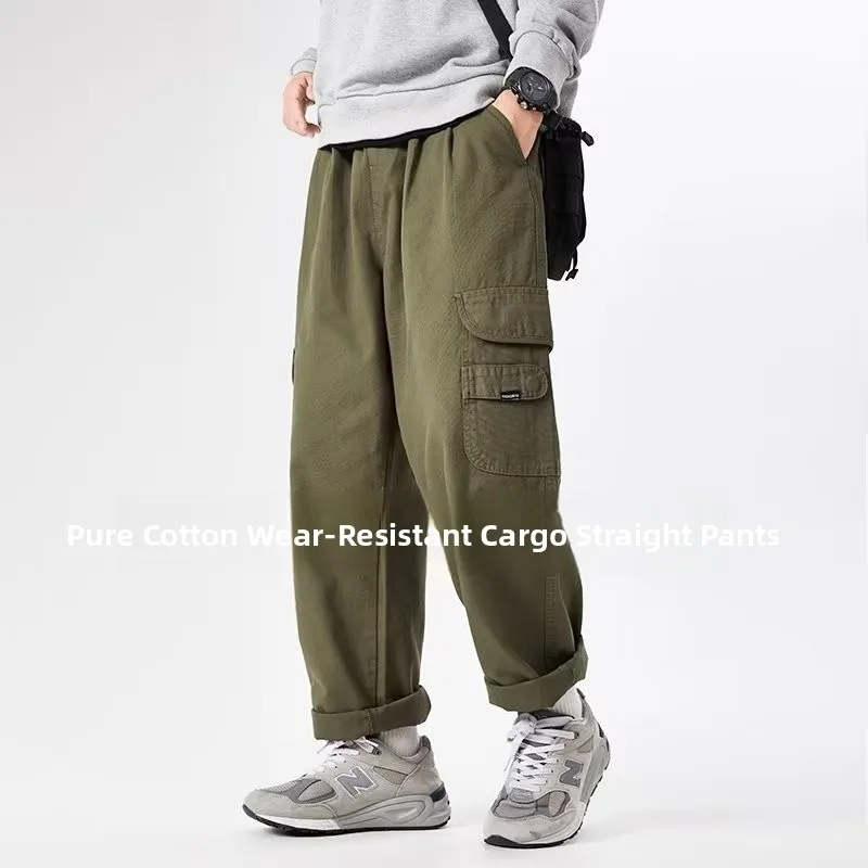 

Мужские свободные хлопковые рабочие брюки прямого кроя, повседневные, весна-осень, в американском стиле, широкие штанины для тяжелых работ