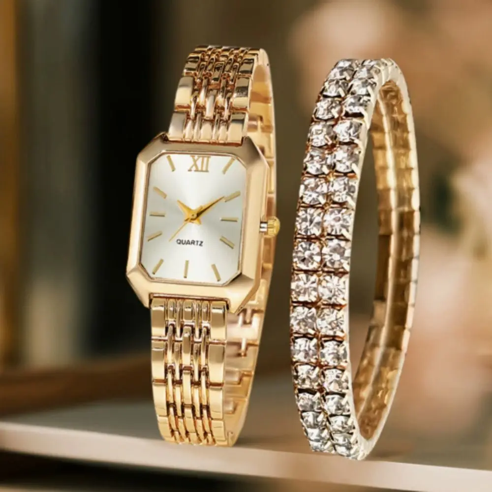 Hot Stainless Steel Wristwatch Bracelet Set Rhinestone Folding buckle Quartz Watches Simple Square Women Wristwatch Women