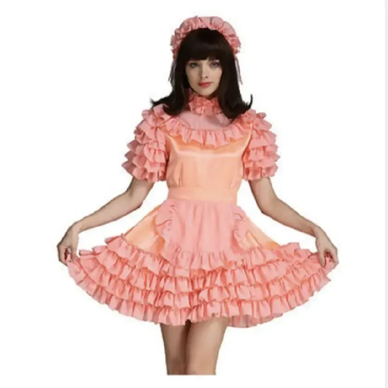 

Sexy Sissy French maid orange satin lockable multi-layer ruffle edge dress cosplay costume customizable