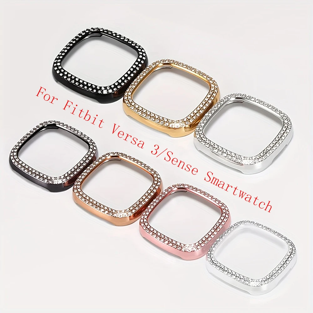 

Bling Case for Fitbit Versa 3/Sense Smartwatch [No Screen], Double Row Shiny Crystal Rhinestone Hard PC Bumper Frame