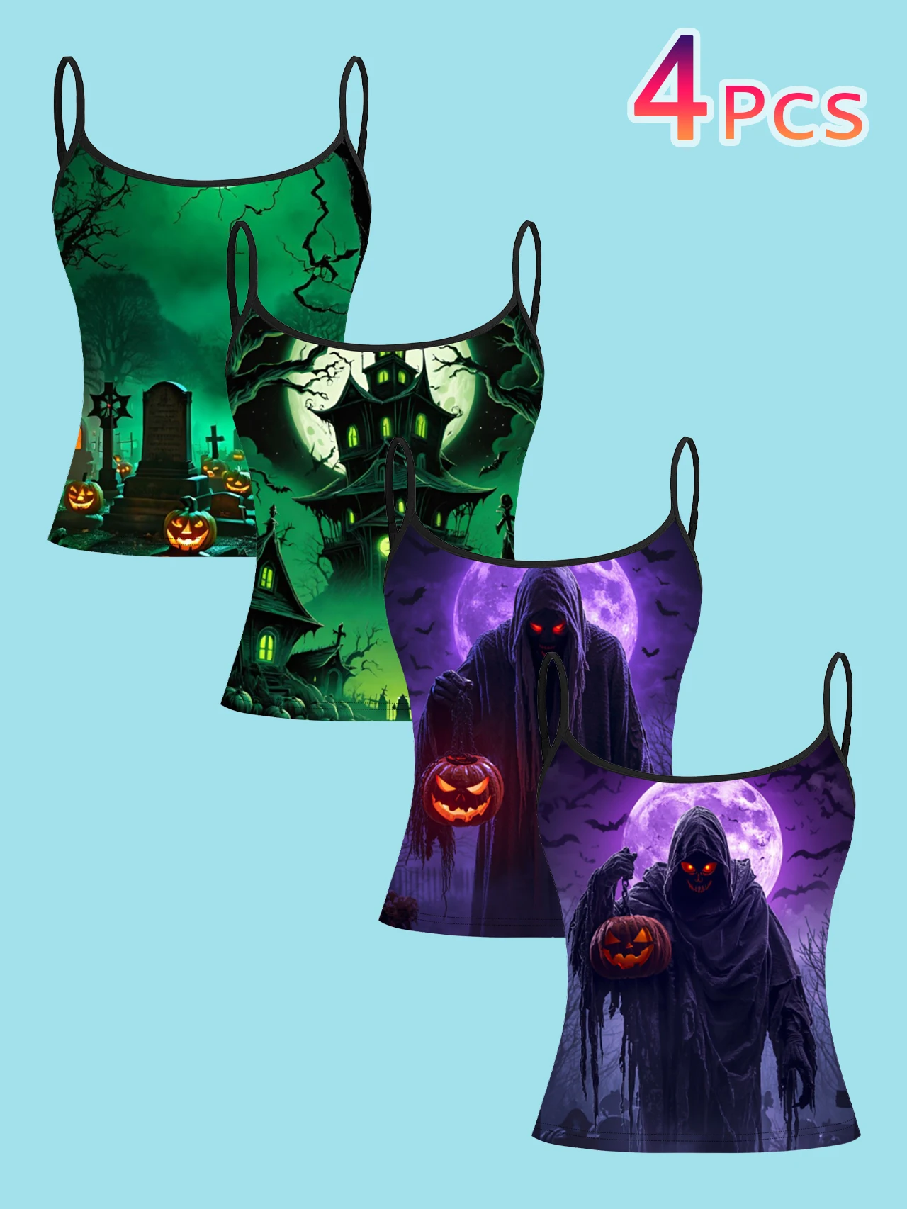 4-Piece Set of Halloween Grim Reaper Haunted House Cemetery Pumpkin Lantern Print Camisole for Women, Dark Gothic Spaghetti Strap Slim-Fit Inner Top
