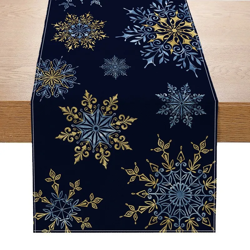 VIKAMA Navy Blue Snowflake Table Runner Washable Polyester Table Scarf for Dining Table Kitchen Holiday Party Decor