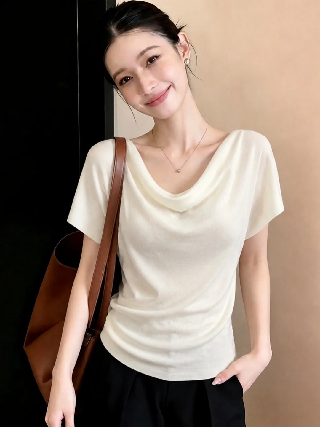 

Korean Style Pure Color Versatile Simple Design Summer New Slim Fit Short Sleeve Women's T-Shirt Commute Style Straight Tube ...