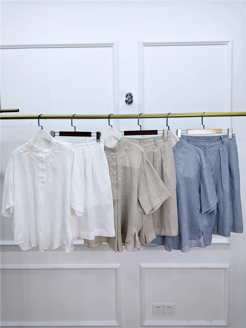 

Women's Clothing 2 Piece Set Ramie Embroidered Short-Sleeve Shirt Top Matching Loose Wide-Leg Casual High-Waisted Shorts Suit