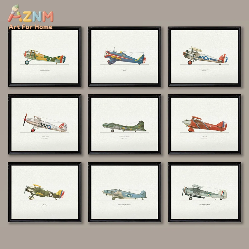 AZNM Vintage Military Aircraft Canvas Wall Art Retro War Plane Biplane Airplane Illustration Print Frameless Canvas Painting Boy