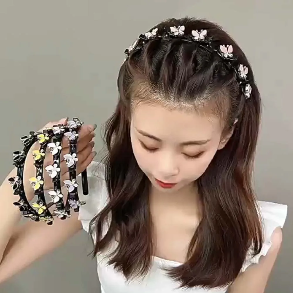 

Elegant Hair Bands with Clips Sweet French Style Women Butterfly Hair Hoop Shiny Plastic Rhinestone Bangs Clip Headband Daily