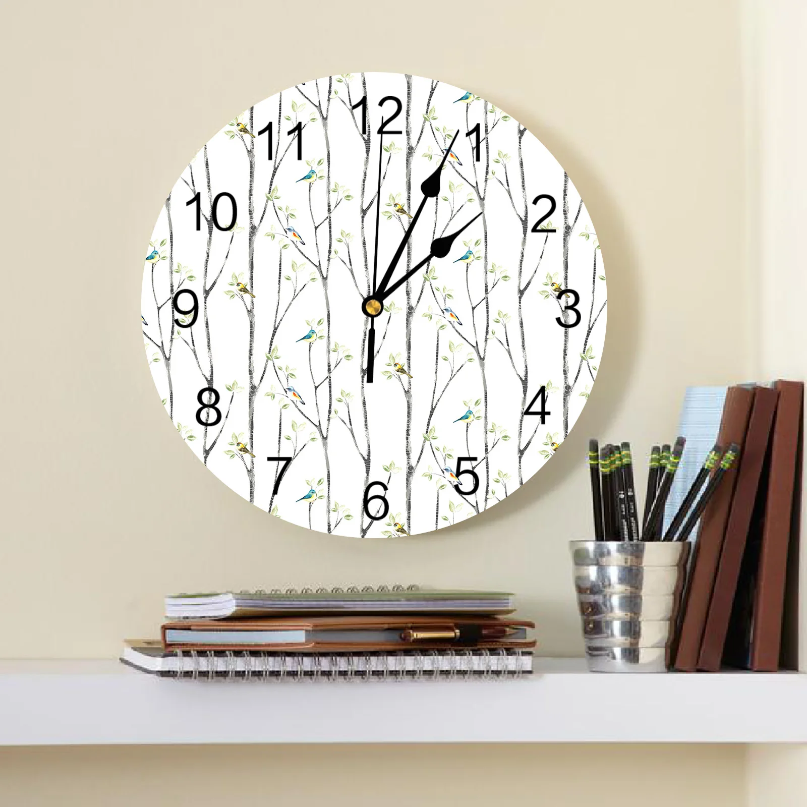 Tree Branches Abstract Bird Watercolor Wall Clock Silent Digital Clocks for Home Bedroom Kitchen Decoration Hanging Watch