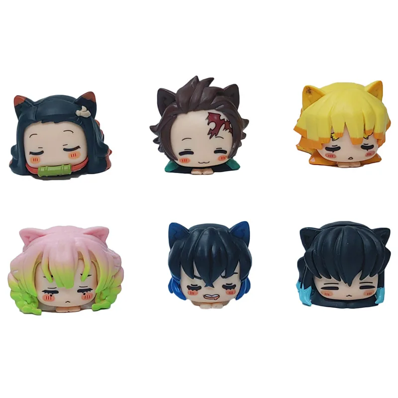 Demônio Slayer Figura Anime, Nezuko, Tanjirou, Zenitsu, Inosuke, orelha de gato, Estátua do sono, Modelo PVC Boneca, Collectible Charme Brinquedos, 6Pcs por Conjunto