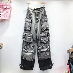 Fashion Gradient Multiple Pockets Design Jeans Women's Single Button High Waist Denim Pants 2023 Autumn Female New