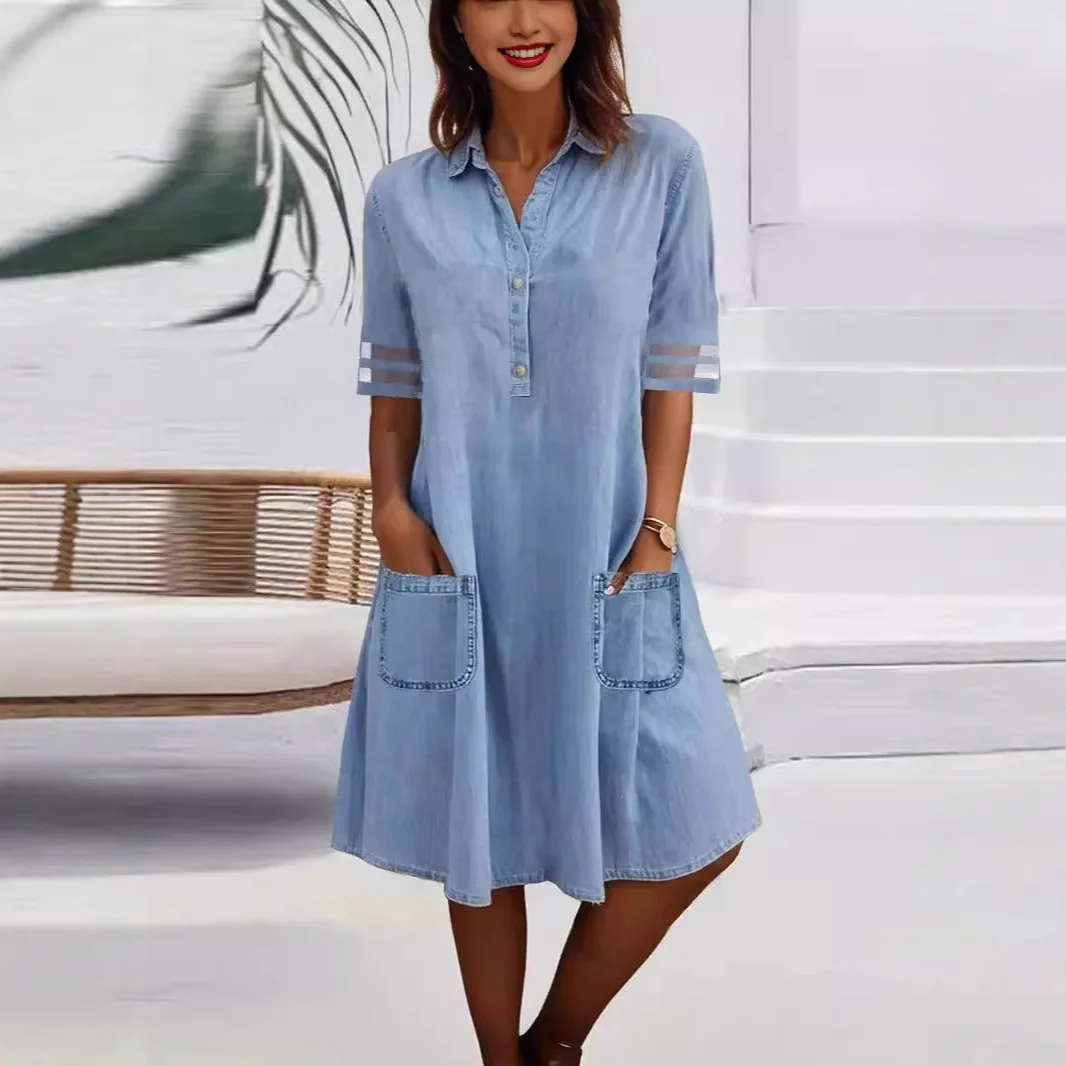 2025 Nieuwe Dames Denim Ort Sve Dr Lange Rok Pure Kleur Patchwork Me Lambrisering Casual Basic Sle Irt Kraag