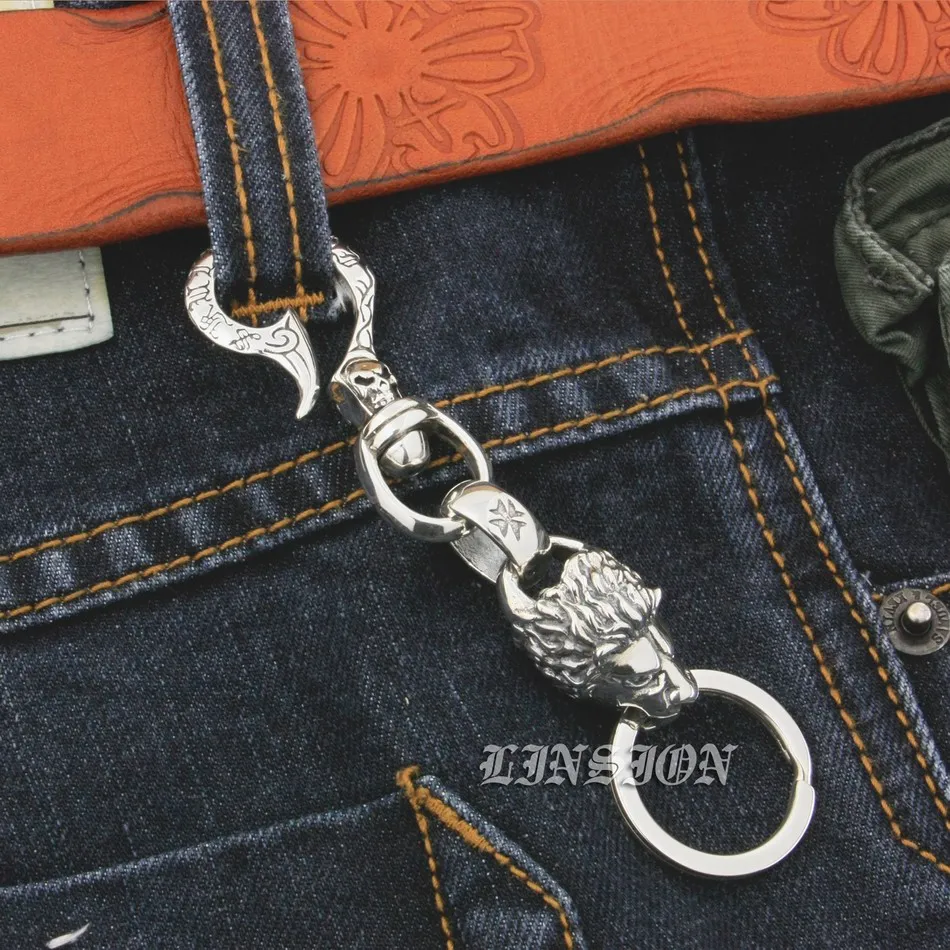 925 Sterling Silver Huge Heavy Skull Hook Lion Keychain Biker Rocker Punk Belt Clip 9T020