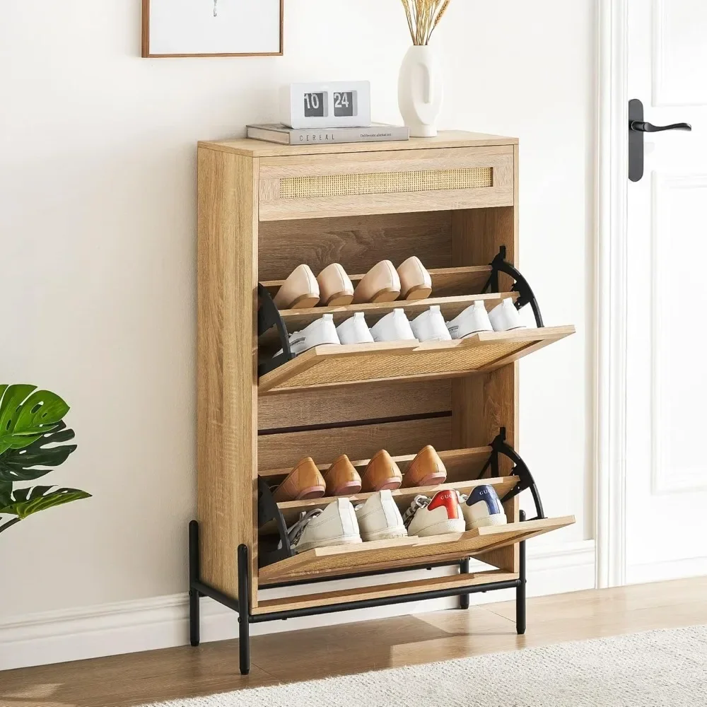 

Natural Rattan 2 Flip Down with 1 Drawer Free-Standing Shoe Rack, Shoe Cabinet Wood Organizer Freestanding with 3-Tier