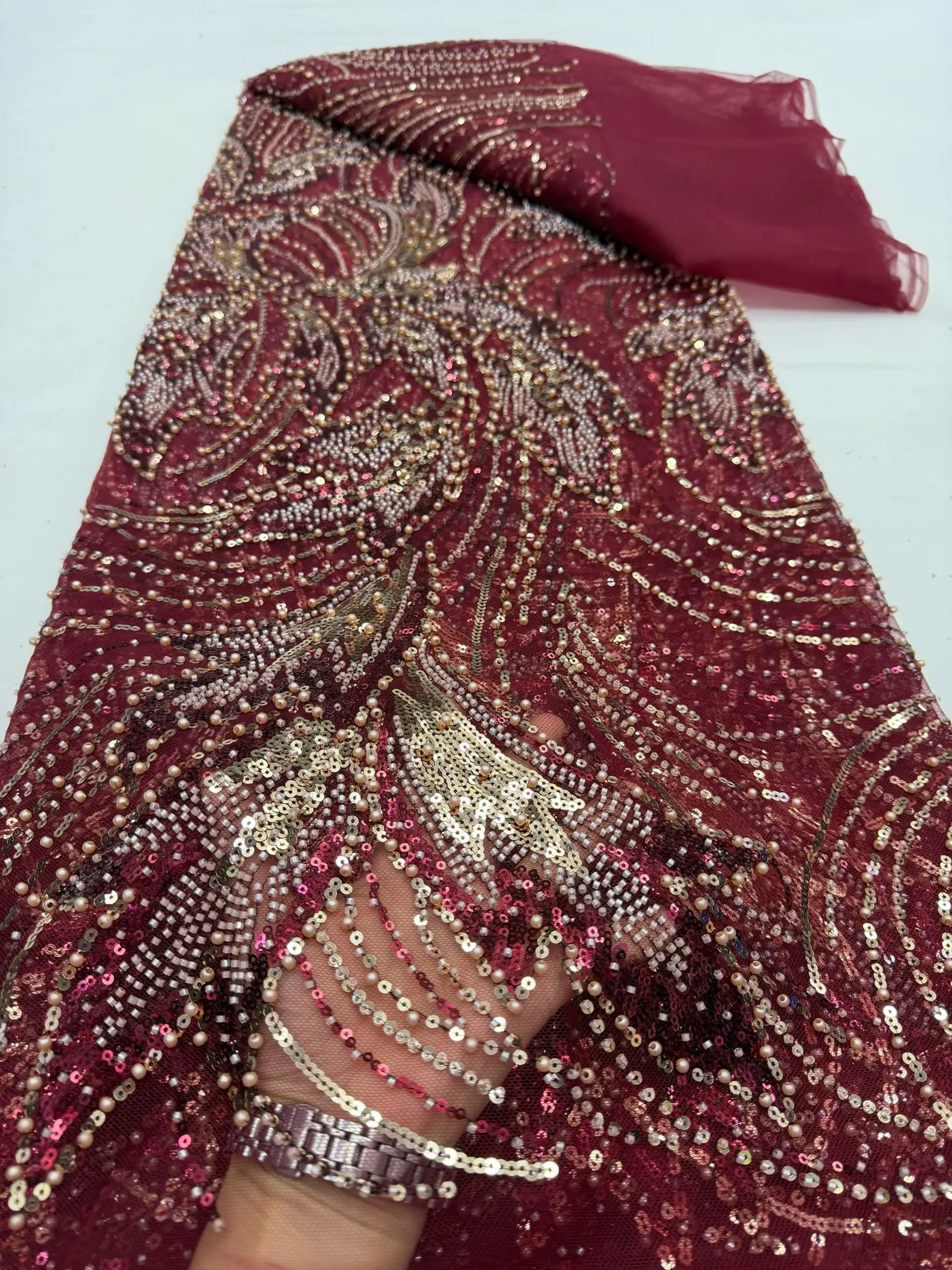 

2026 Latest High Quality African Nigerian With Tulle Sewing Lace Fabric Guipure Embroidery Beads Dresses Sequins 5Yards DP0515