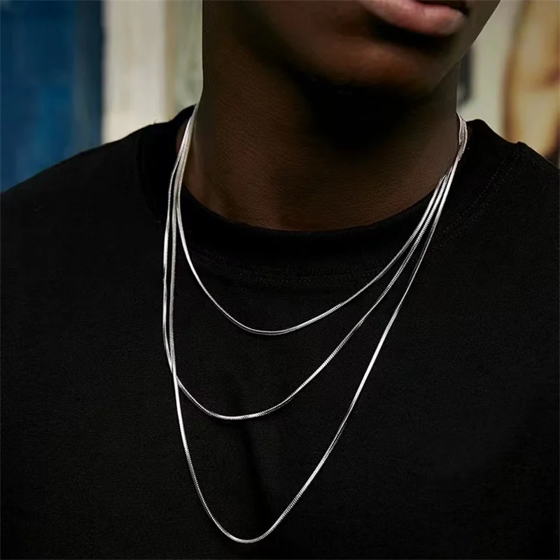 1.2mm Stainless Steel Square Snake Chain Necklace For Men Simple Silver Color Basic Chain Necklace Hip Hop Jewelry Accessories